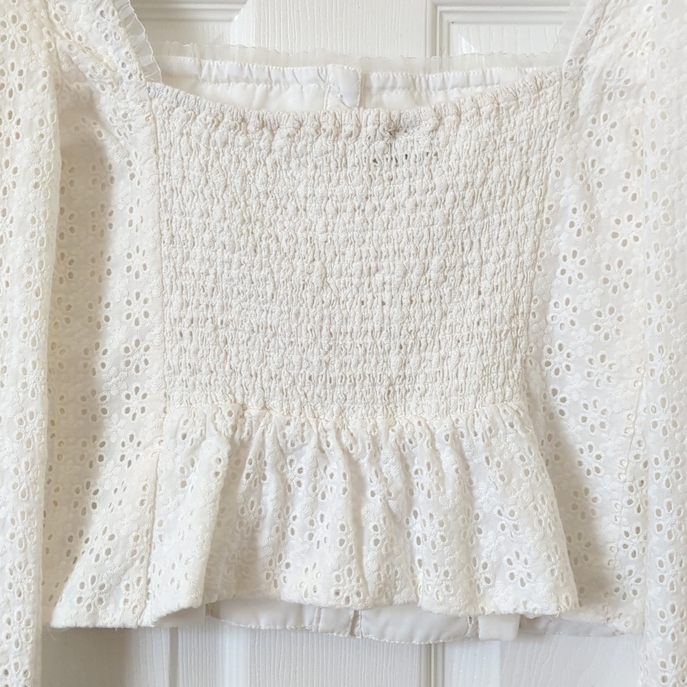 Joie Eyelet Embroidered Square Neck Form Fitting Long Sleeve Cropped Top White S - Picture 12 of 12